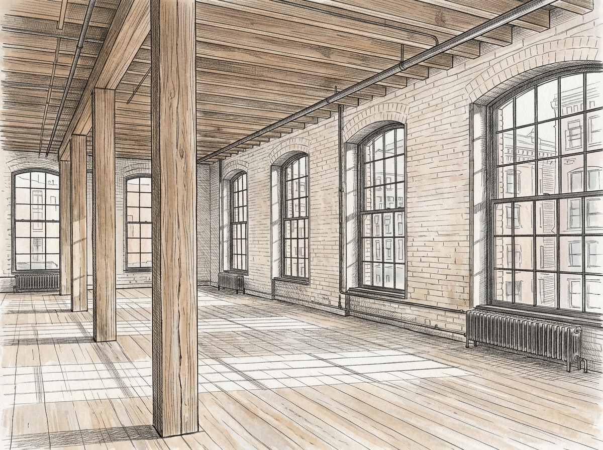 Tribeca warehouse loft interior — timber beams, brick, tall windows