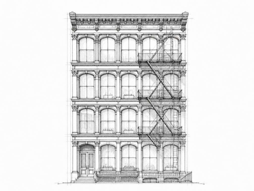 Ink sketch of a SoHo cast-iron loft building